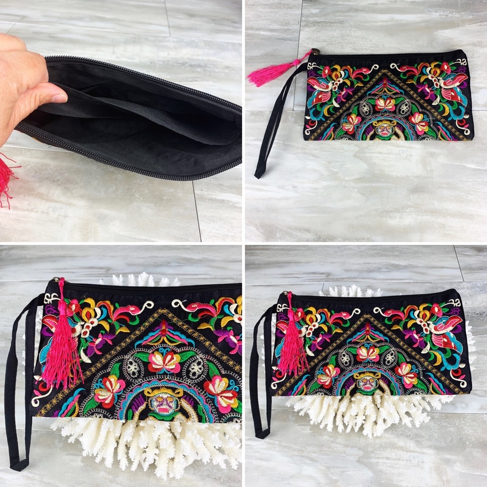 Colorful Floral Embroidered Pink Tassel Wristlet - Picture 9 of 15
